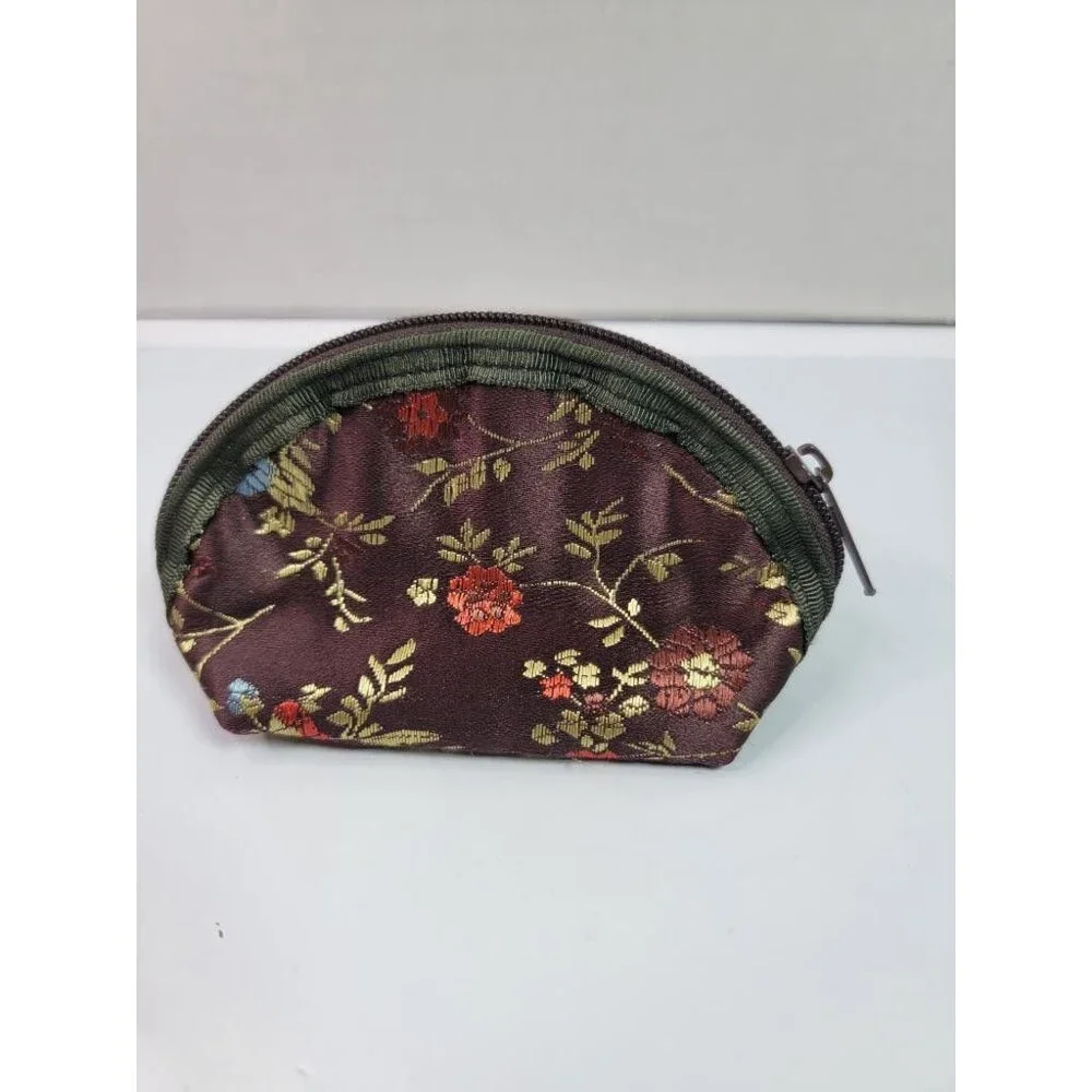Vintage Asian Brocade Floral Coin Purse Brown Gold Small Zippered Makeup Pouch